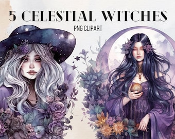 Witch Watercolor Clipart, Witch gothic style, beautiful witch, Magical clipart, Witchcraft Bundle PNG, Celestial witch, Instant Download
