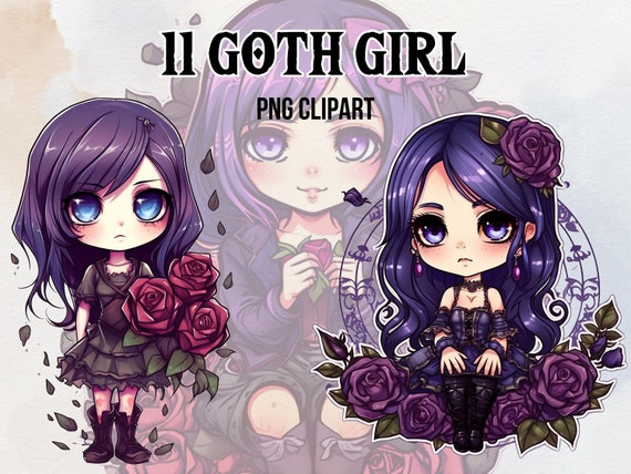 11 Chibi Goth Girls Clip Art Bundle, Cute Gothic Princess, Anime
