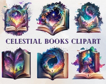May include: Six watercolour illustrations of open books with celestial scenes inside. Each book features a different galaxy, stars, and planets. The text "CELESTIAL BOOKS CLIPART" is printed below the images.