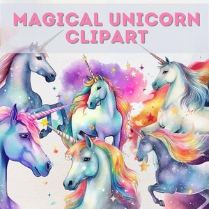 8 imágenes prediseñadas de unicornio arcoíris, acuarela celestial png, paquete de imágenes lindas, imágenes prediseñadas místicas, arte digital para niñas, descarga, estrellas espaciales