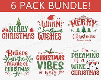 Peut inclure: Un ensemble de six motifs sur le thème de Noël en rouge et vert. Les motifs comprennent des phrases telles que « Joyeux Noël » et « Christmas Vibes Only ». L'image comprend également des informations sur les types de fichiers : SVG, PNG, AI, EPS, PDF, JPG et DXF.