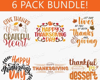 Peut inclure: Six illustrations sur le thème de l'Action de grâce en orange, marron et rouge. Les motifs comprennent des phrases telles que « Give Thanks », « Happy Thanksgiving Day » et « Thankful for Dessert ». Le texte est accompagné d'illustrations sur le thème de l'automne.