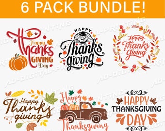Peut inclure: Ensemble de six motifs sur le thème de l'Action de grâce. Chaque motif présente les mots "Happy Thanksgiving" ou "Thanksgiving Day" avec des citrouilles, des feuilles et une dinde. Les motifs sont dans différents styles et polices.