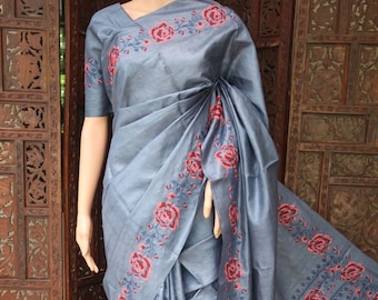 Elegante sari de boda certificado con marca de seda con intrincado sari bordado Kantha Stich - Sari de seda con blusa
