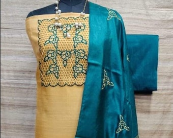 Silk Mark Certified Tussar Silk Kurta: Classic Indian Ethnic Wear with a Modern Touch of Handcrafted Cutwork Embroidery Dress Material