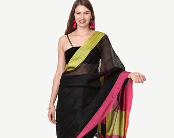Plain Linen Saree with Blouse, Handloom Black Linen Sari by Aamir Fashion Textile