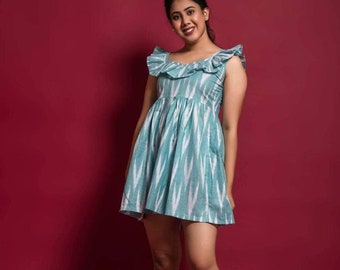 Summer Outfit Dress for Women - Sleeveless and Short Dress - Handmade Ikat Cotton Dress