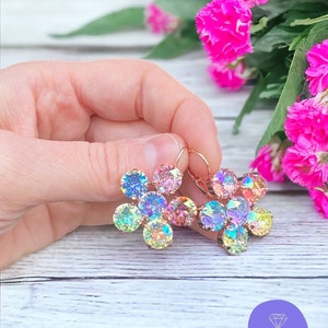 Pastel Rainbow 8mm Flower Crystal LeverBack Drop Earrings. Genuine Austrian Crystal Earrings.