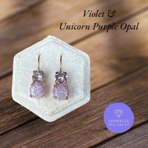 Earrings 8/6mm Violet & Unicorn Purple Opal Leverback Drops. Genuine Austrian Crystal Earrings. Opal jewelry. Olivia Rose Collection.