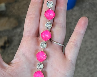 12/8mm Electric Pink Ignite Cushion Cut & Crystal, Genuine Austrian Crystal Bracelet. Women’s jewelry. Gifts for her.