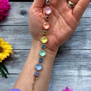 Spring Rainbow 12/8mm Cushion Cut Crystal Bracelet. Genuine Austrian Crystal Bracelet. Women’s jewelry.