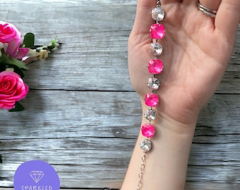 12/10mm Electric Pink Ignite and Crystal SQUARE Cushion Bracelet. Genuine Austrian Crystal Bracelet. Women’s jewelry. Gifts for her.