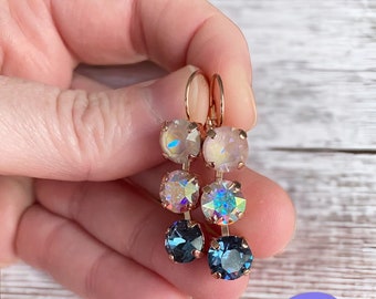 Midnight Rose 8mm, 3 Stone Drop Leverback Earrings. Genuine Austrian Crystal Earrings. Womens Earrings. Gifts for her. Pink & Blue