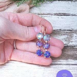 Purple Rain 8mm, 3 Stone Drop Leverback Earrings. Genuine Austrian Crystal Earrings with Opals. Gifts for her. Purple