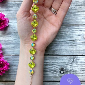 Citrus Green & Citrus Green AB 12/8mm Cushion Cut Genuine Austrian Crystal Bracelet. Women’s jewelry.