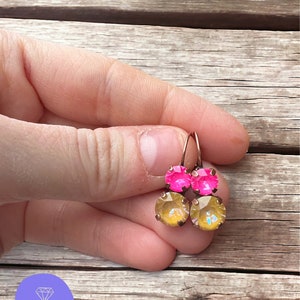 Pendientes de gota con cierre de presión Autumn Delight de 8/6 mm. Pendientes de cristal austriaco auténtico. Pendientes de mujer. Regalos para ella. Rosa y amarillo.