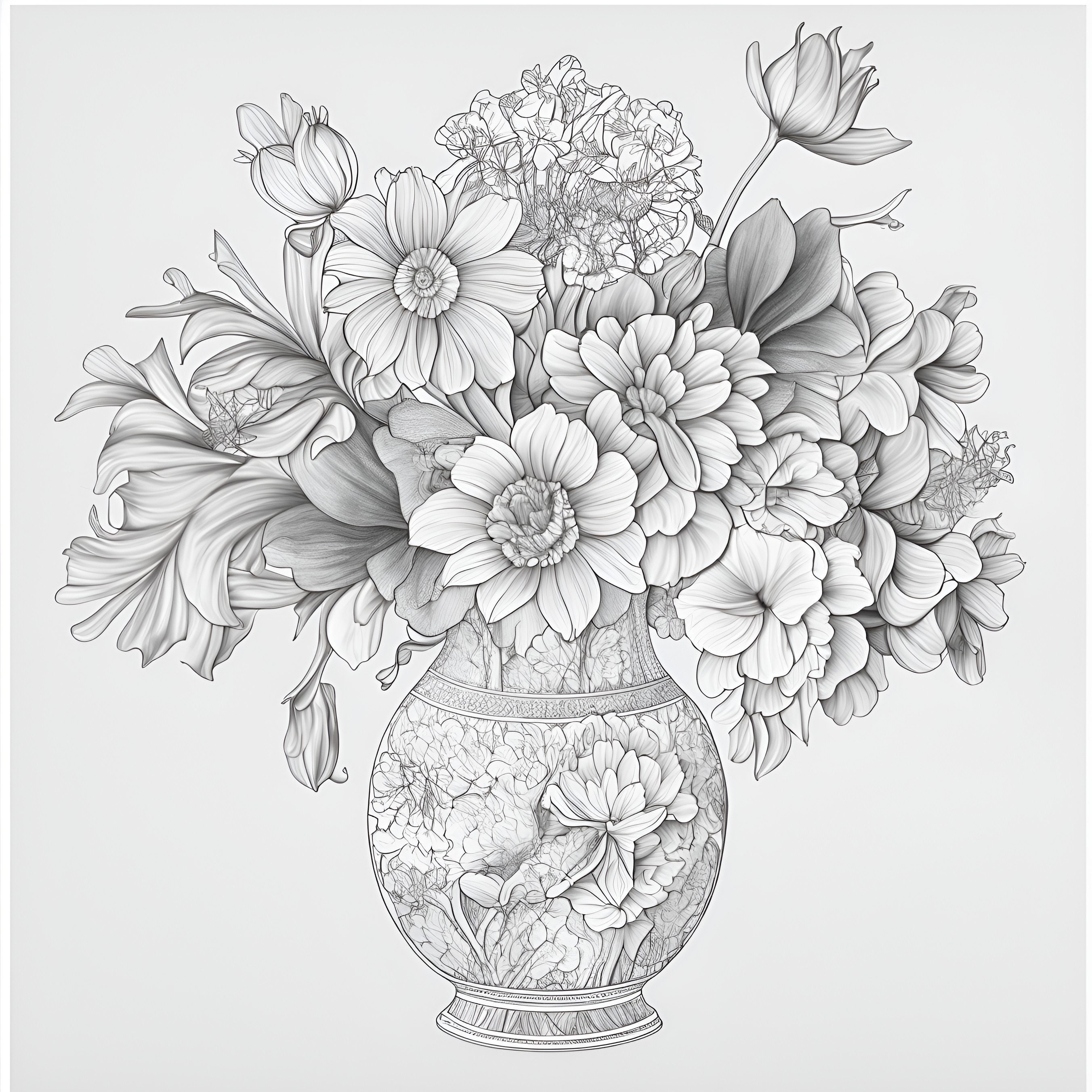 Flowers in Vases Coloring Pages Printable Roses Grayscale Etsy