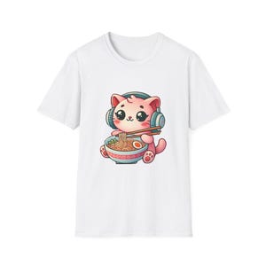 Cute Cat with Noodles T-Shirt, Unisex Softstyle Tee, Anime Lovers Gift, Casual Wear, Cartoon Cat Apparel, Perfect for Pet Owners