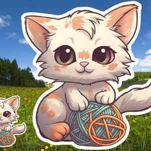Cute Chibi Style Cat Sticker with Yarn