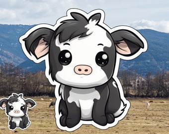 Etiqueta engomada linda de la vaca del bebé / Vaca blanca y negra / Etiqueta engomada animal de Chibi / Etiqueta engomada de la botella de agua / Etiqueta engomada de la caja del teléfono / Etiqueta engomada del ordenador portátil