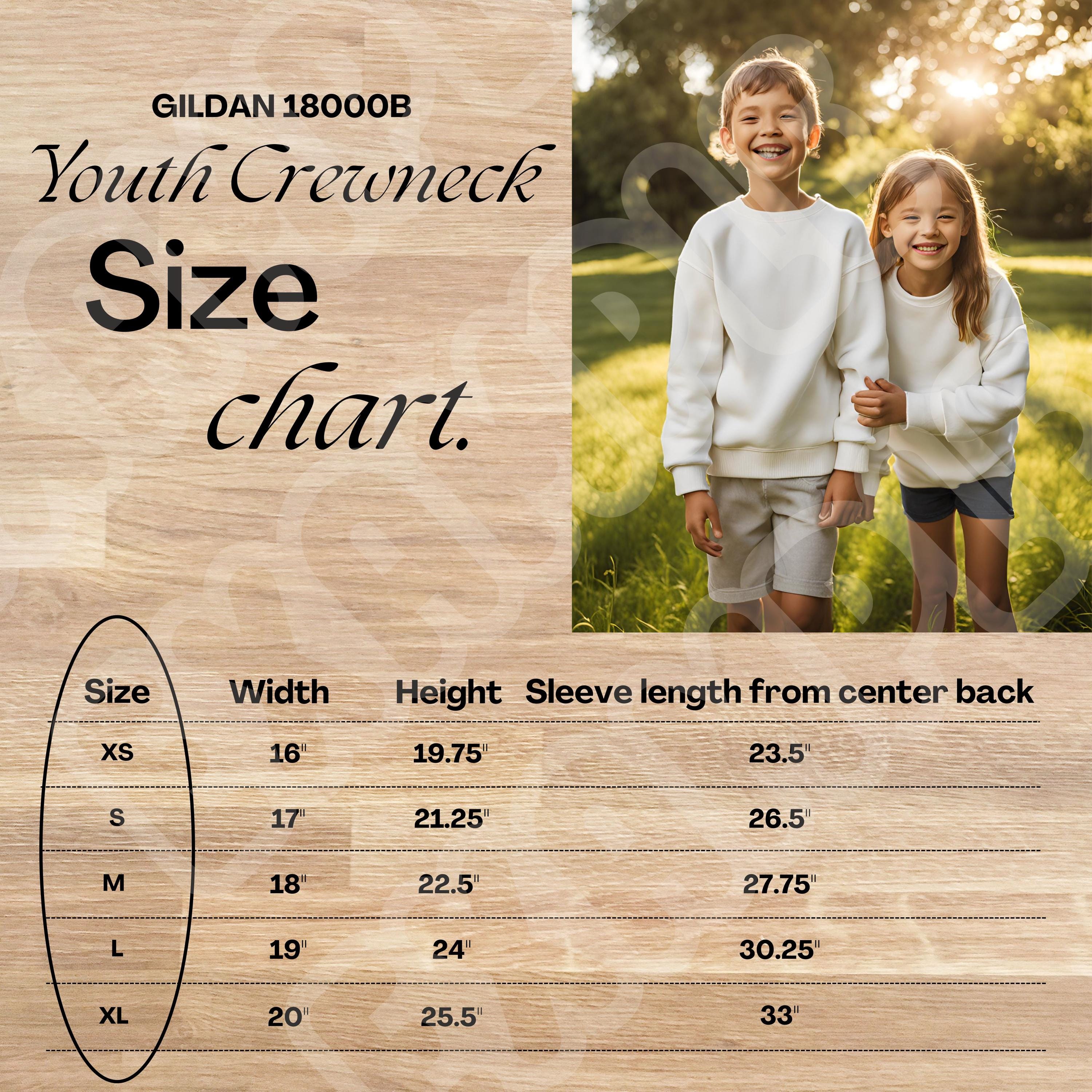 Youth Crewneck Size Chart, Gildan 18000B Size Chart, Youth Size Chart