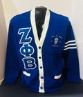 Zeta Phi Beta Royal Cardigan with  White Stripes on sleeve with Embroidery. Sale Price ends Sunday!