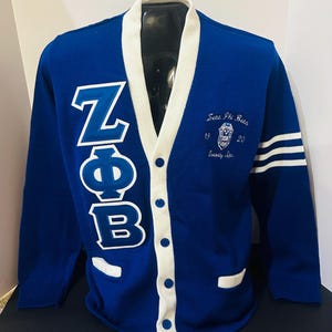 Zeta Phi Beta Royal Cardigan with  White Stripes on sleeve with Embroidery. Sale Price ends Sunday!