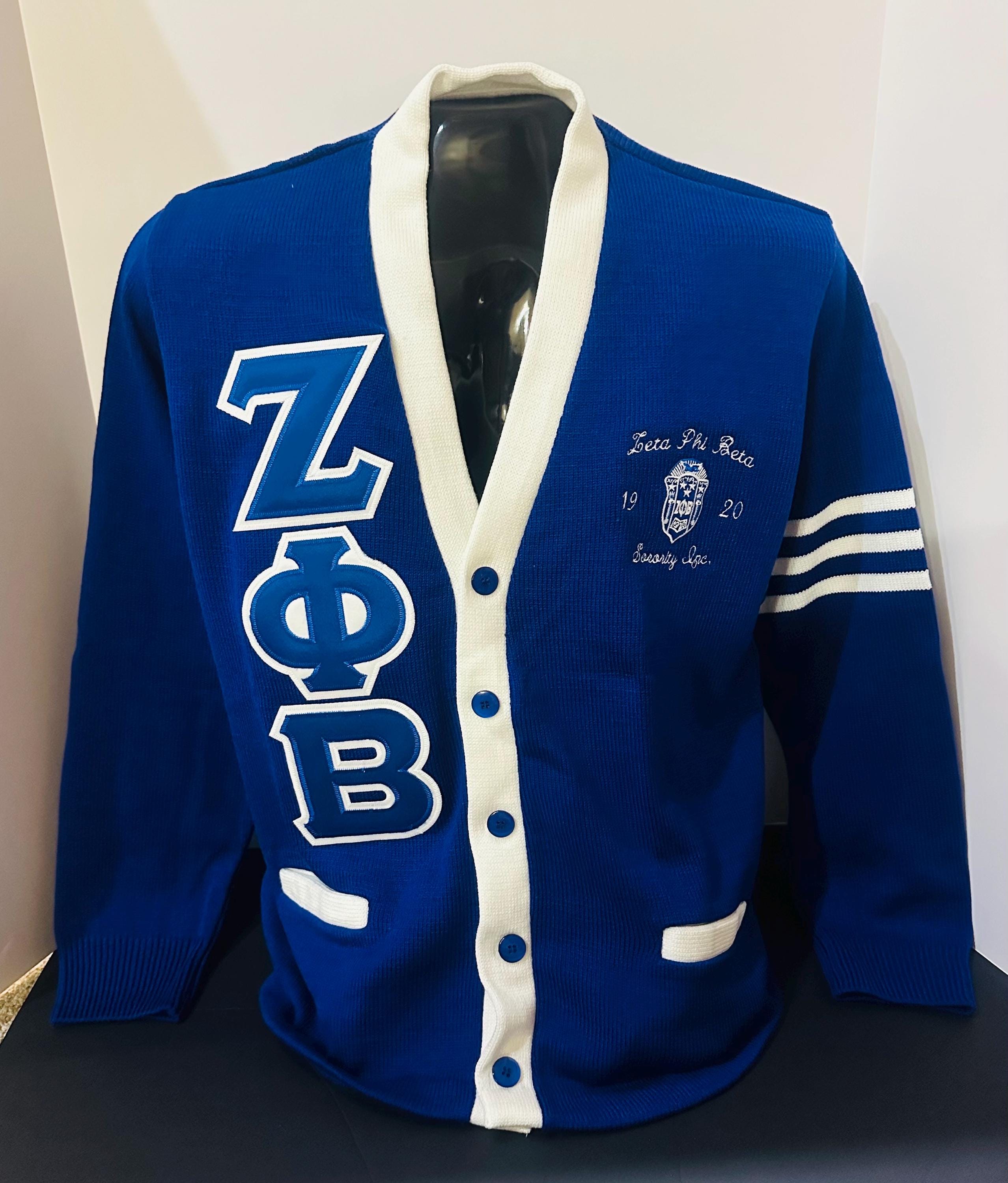 Zeta Phi Beta Royal Cardigan with  White Stripes on sleeve with Embroidery. Sale Price ends Sunday!