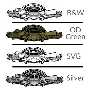 May include: A black and white illustration of a Navy Expeditionary Warfare insignia. The insignia features a boat, a rifle, and a pair of crossed oars. The text "EXPEDITIONARY" is written in a circular banner above the boat.