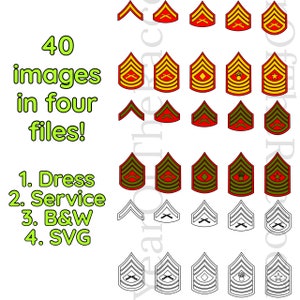 Pode incluir: Um conjunto de 40 imagens de insígnias de posto militar, incluindo versões de uniforme, serviço, preto e branco e SVG. As imagens representam os diferentes postos do Corpo de Fuzileiros Navais dos Estados Unidos.