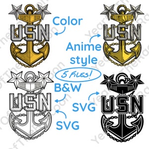 May include: Digital graphic design of a USN anchor emblem in various styles: colour, anime style, black and white, and SVG. The design includes the text "USN" and star accents, with the text "5 FILES!" included.