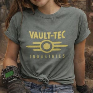 May include: A grey t-shirt featuring the yellow text "VAULT-TEC INDUSTRIES". The t-shirt is paired with blue jeans and fingerless gloves. The background includes a "Welcome Home" sign and a retro robot.