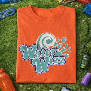 Puede incluir: Camiseta naranja con el texto "Water Wizz" en turquesa y blanco. La imagen incluye una pelota de baloncesto, un tobogán inflable y gafas de sol, lo que sugiere un tema de verano y actividades al aire libre.
