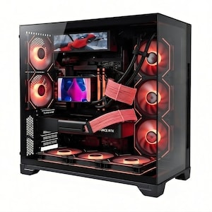 May include: A black computer case with a transparent side panel, showcasing internal components. The case features multiple red-lit fans, a graphics card, and a display screen. The overall design is modern and sleek, with a focus on performance and aesthetics.