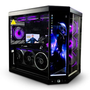 May include: A black computer tower with a glass panel, showcasing internal components and a screen displaying a Black Panther image. The interior is illuminated with purple lights. A small screen displays a person. The tower has a sleek, modern design.