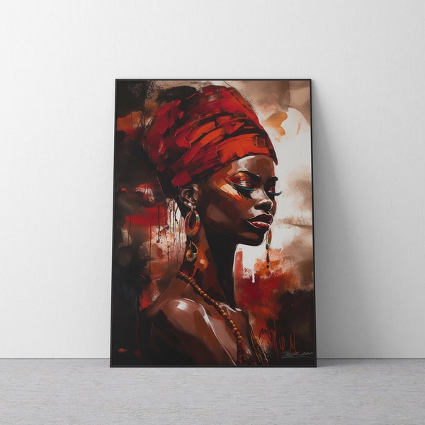 African Woman Portrait in Red| Modern Abstract Art | Black Poster | African Wall Print | Home Decor | Digital Download. #361