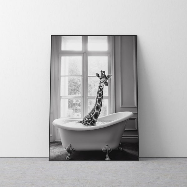 Baby Giraffe in a Vintage Bathtub, Rustic Bath Style, Bathroom Wall Art, Giraffe in Tub, Bathroom Art, Animal Art, Digital Download. #175