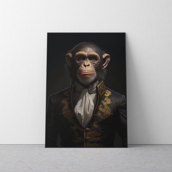 Vintage Aristocratic Monkey Portrait in Warrior Suit - Unique Renaissance Painting - Quirky Animal Art Lovers- Printable Digital Art. #130