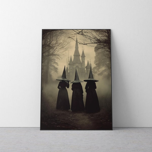 Three Witches Convene by the Haunted Castle - Vintage Gothic Wall Art Print, Dark Surreal Mythical Halloween Poster, Digital Download. #391