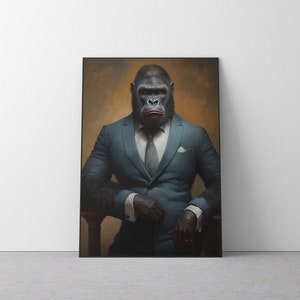 Vintage Aristocratic Gorilla Portrait in Suit - Unique Renaissance Painting - Quirky Animal Art Lovers - Printable Digital Art. #114