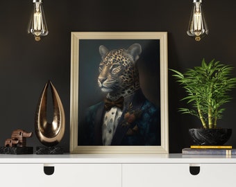 Retrato de leopardo aristocrático vintage - Pintura renacentista única - Amantes del arte animal divertido y peculiar - Arte digital imprimible para decoración del hogar.#68