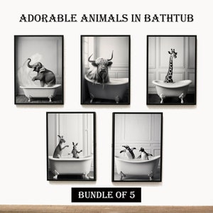 Konsttryck med djur i badkar: Rolig badrumsdekor (digital nedladdning)