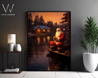 Impresión de lienzo de la noche de pesca de Papá Noel: pintura caprichosa de arte de Papá Noel, decoración única de la pared de Navidad, regalo festivo de vacaciones de pesca. #397