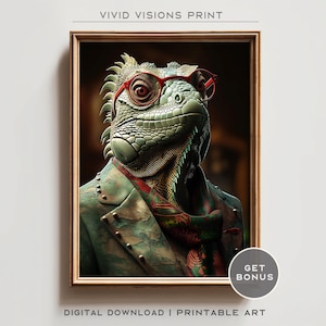 Modern Iguana Portrait - Elegant Animal Art in Suit - Contemporary Wall Art Print - Vintage Style Poster Artwork, Digital Download. #1399