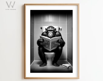 Singe assis sur les toilettes en train de lire, décoration de salle de bain animal, style de bain rustique, décoration murale de salle de bain, noir et blanc, oeuvre d'art sans cadre. #773