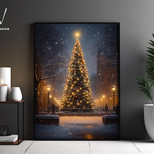Vintage Christmas Tree Painting, Christmas Tree Art Print, Cottage Christmas Night Canvas Print, Christmas Decor, Rustic Wall Decor. #399