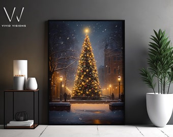 Peinture vintage de sapin de Noël, impression d'art de sapin de Noël, impression sur toile de nuit de Noël cottage, décoration de Noël, décoration murale rustique. #399