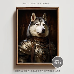 Vintage Aristocratic Husky Dog Portrait in Warrior Suit - Unique Renaissance Painting - Quirky Animal Art Lovers-Printable Digital Art. #116