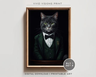 Portrait de chat victorien - oeuvre d'art murale gothique en toile, peinture de la Renaissance, oeuvre d'art vintage portrait animalier, téléchargement numérique. #1295