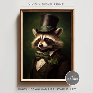 May include: A digital art print of a raccoon wearing a green suit, a bow tie, and a top hat. The raccoon is looking to the right. The background is a dark green.